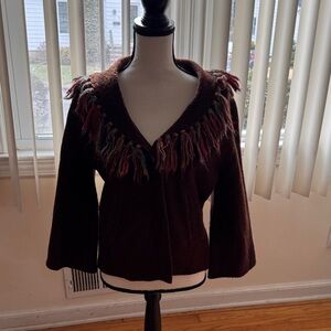 Brown Fringe-Trim Wool Blend Women's Sweater Jacket